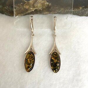 Sterling Silver 925 K Modernist Oval Baltic Amber Hinged Dangle Earrings